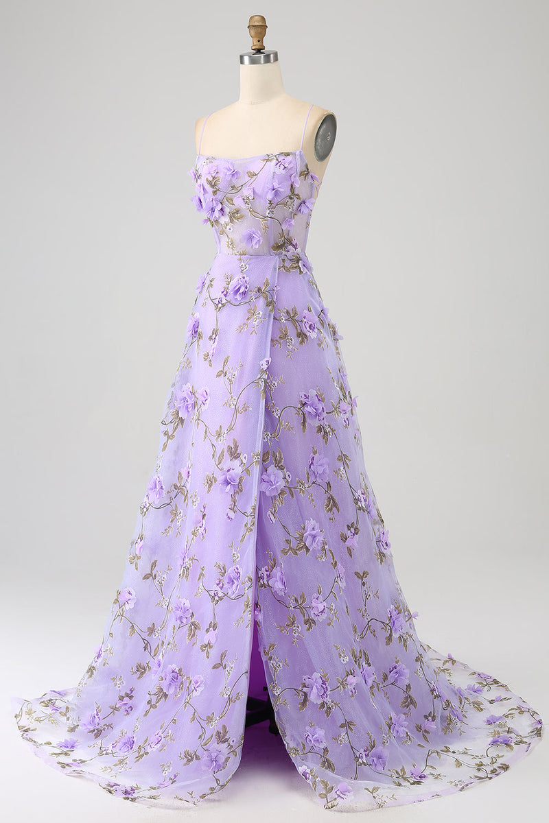 Load image into Gallery viewer, Lilac A-Line Spaghetti Straps Long Prom Dress with 3D Flowers
