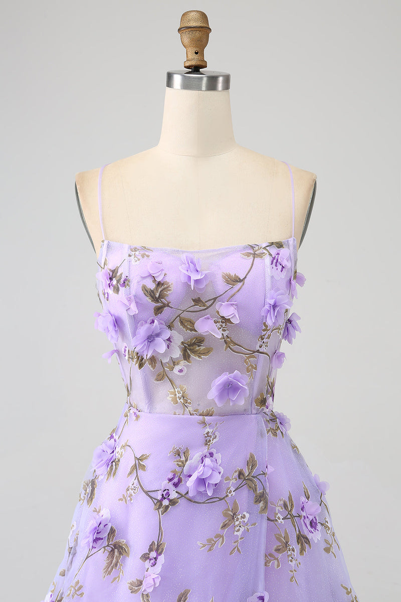 Load image into Gallery viewer, Lilac A-Line Spaghetti Straps Long Prom Dress with 3D Flowers