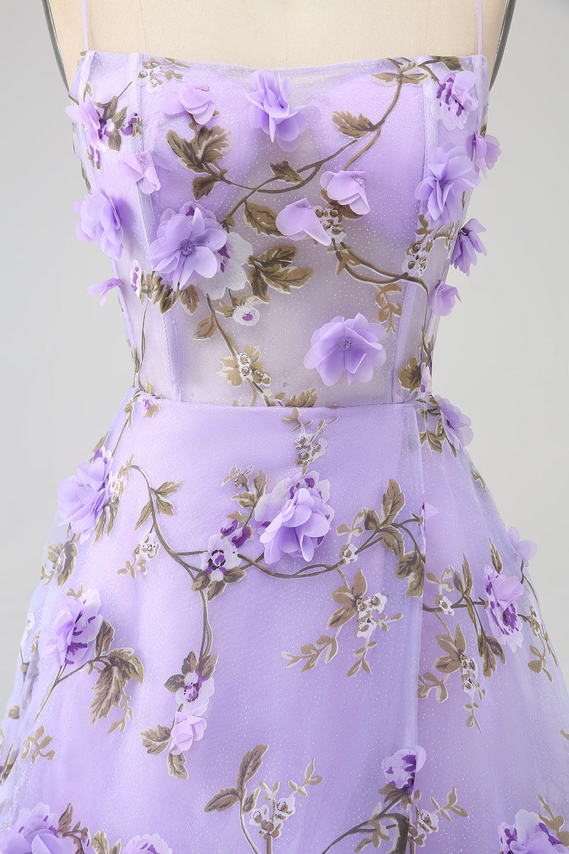 Load image into Gallery viewer, Lilac A-Line Spaghetti Straps Long Prom Dress with 3D Flowers