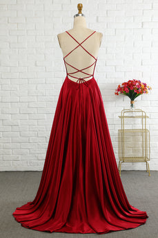A-Line Burgundy Spaghetti Straps Long Prom Dress with Cirss Cross Back