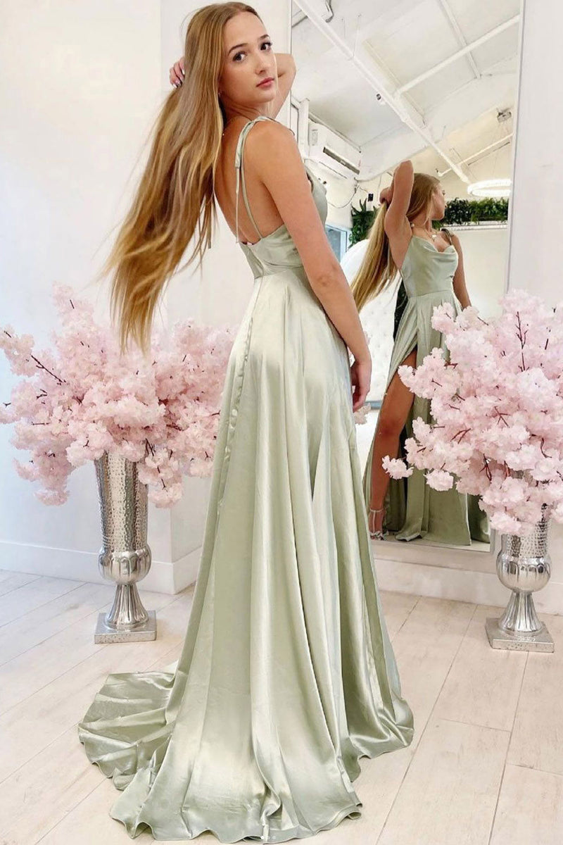 Queendancer Women Satin Light Green Long Prom Dress A-Line Spaghetti Straps Formal Dress queendanceruk Queendancer Women Satin Light Green Long Prom Dress A-Line Spaghetti Straps Formal Dress queendanceruk