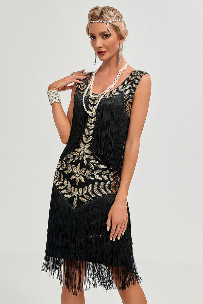 Load image into Gallery viewer, Women Black Gatsby 1920s Flapper Dress with Sequins and Tassels Scoop Neck Gatsby Dress