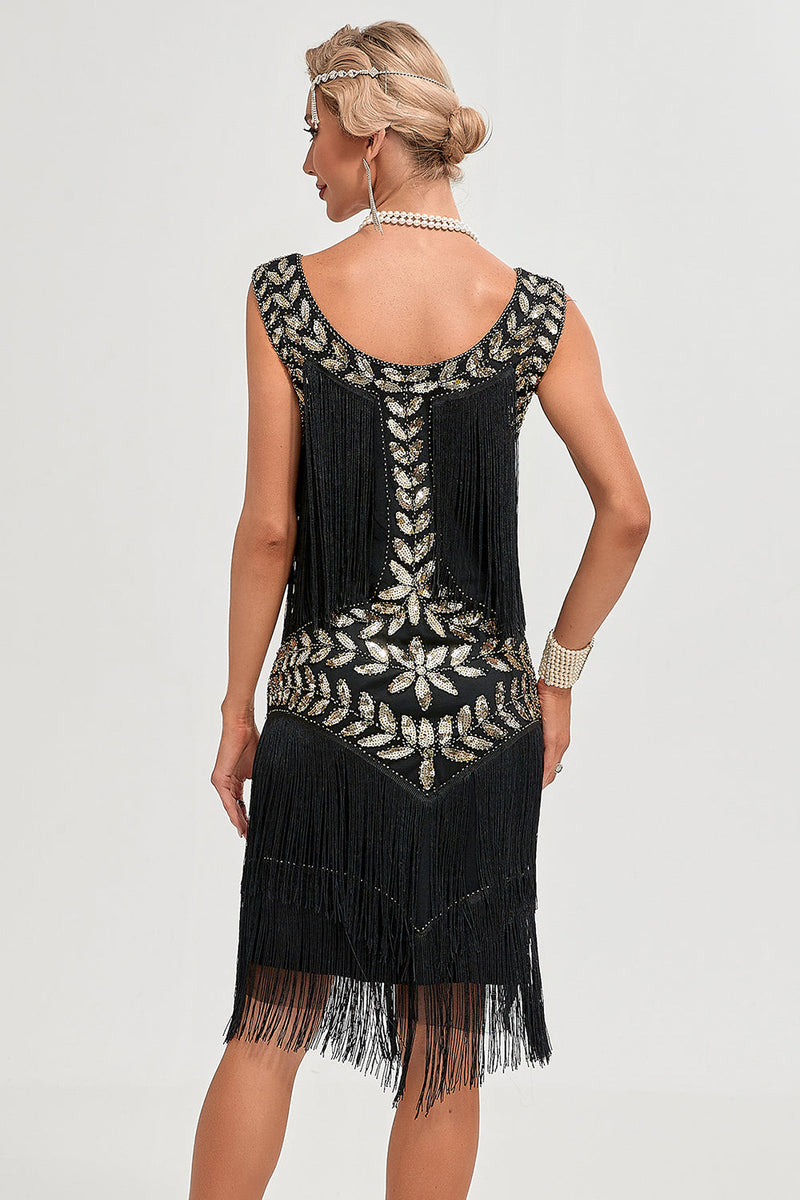 Load image into Gallery viewer, Black Gatsby 1920s Flapper Dress with Sequins and Tassels