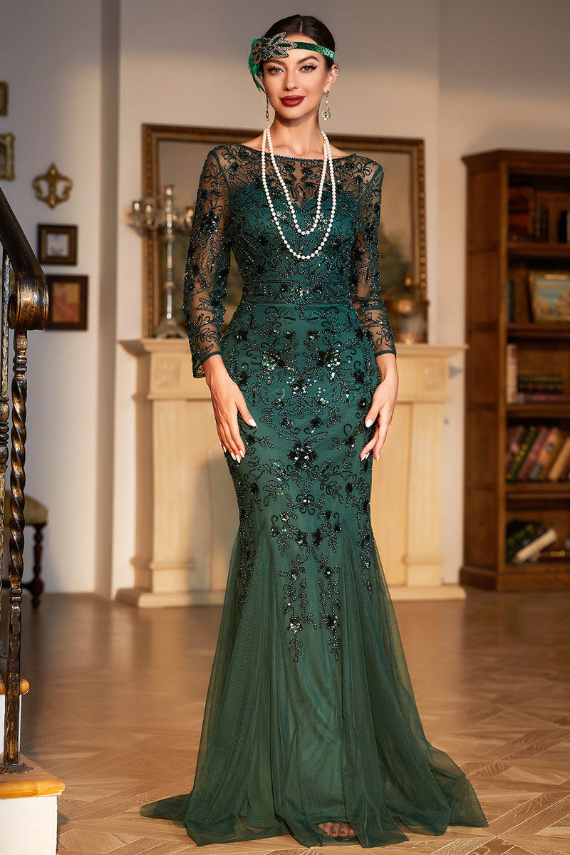 Long 1920s Dress Evening Gown Emerald Green 1920s Dress