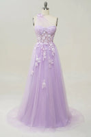 Load image into Gallery viewer, A-Line Tulle One Shoulder Purple Long Prom Dress with Appliques