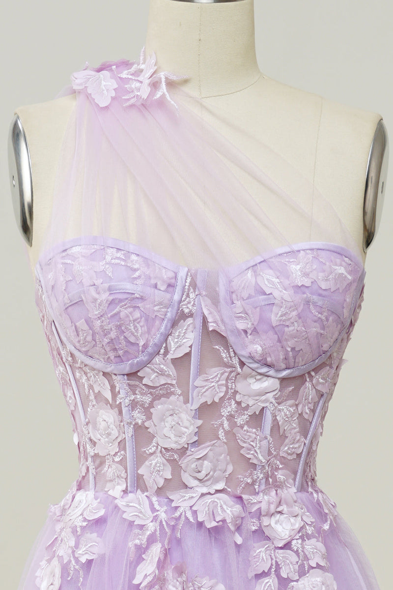 Load image into Gallery viewer, A-Line Tulle One Shoulder Purple Long Prom Dress with Appliques