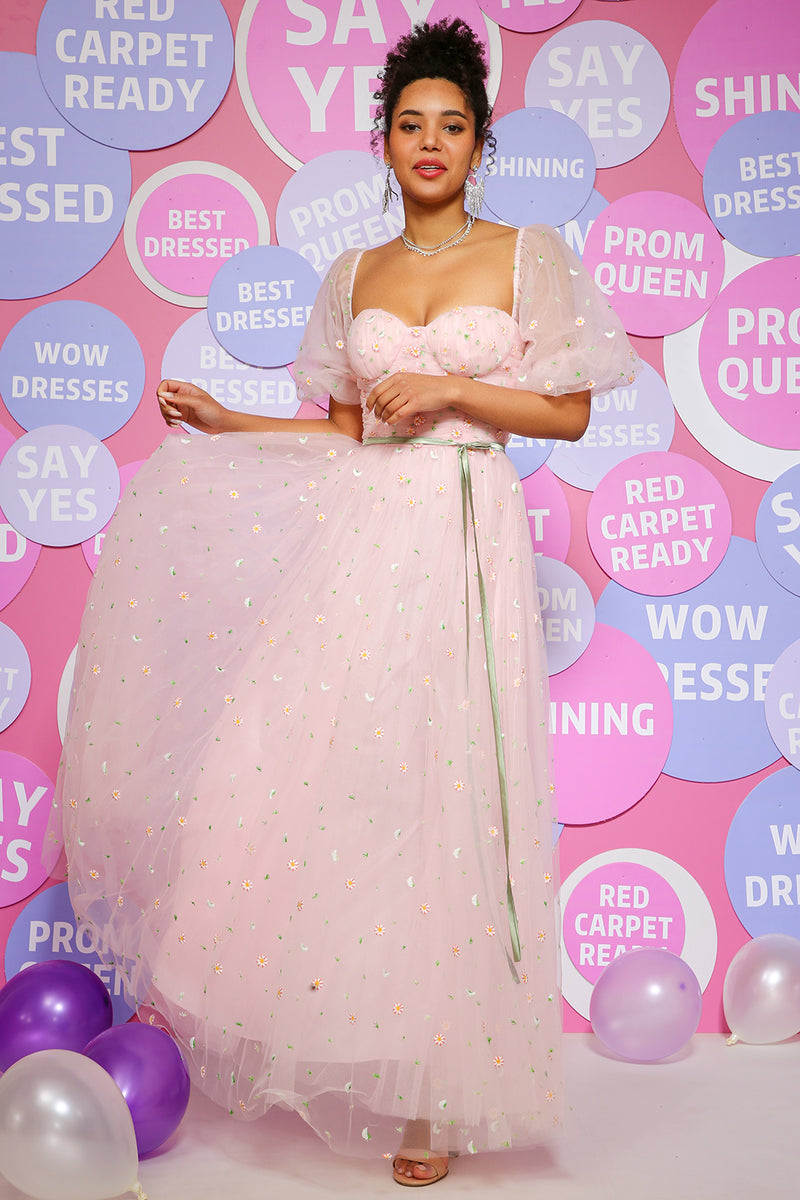 Load image into Gallery viewer, Tulle Pink Princess Prom Dress with Embroidery