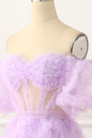 Load image into Gallery viewer, A-line Off the Shoulder Tulle Lavender Long Prom Dress