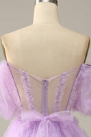 Load image into Gallery viewer, A Line Off the Shoulder Light Blue Tulle Corset Prom Dress with Bowknot