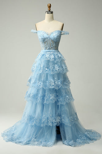 A-Line Off the Shoulder Blue Long Prom Dress with Appliques