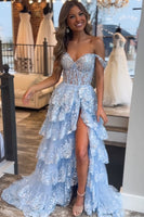 Load image into Gallery viewer, Sparkly Black Off The Shoulder Tiered Corset Prom Dress