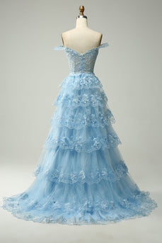 A-Line Off the Shoulder Blue Long Prom Dress with Appliques