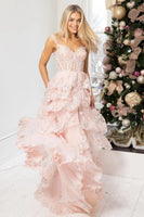 Load image into Gallery viewer, Blue Corset Tiered Lace Prom Dress with Slit
