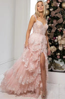 Load image into Gallery viewer, Blue Corset Tiered Lace Prom Dress with Slit