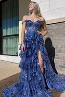 Load image into Gallery viewer, Blue Corset Tiered Lace Prom Dress with Slit