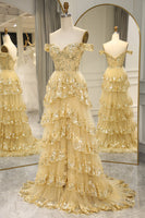 Load image into Gallery viewer, Glitter Golden Tiered A-Line Long Prom Dress with Lace