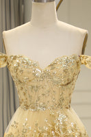 Load image into Gallery viewer, Glitter Golden Tiered A-Line Long Prom Dress with Lace