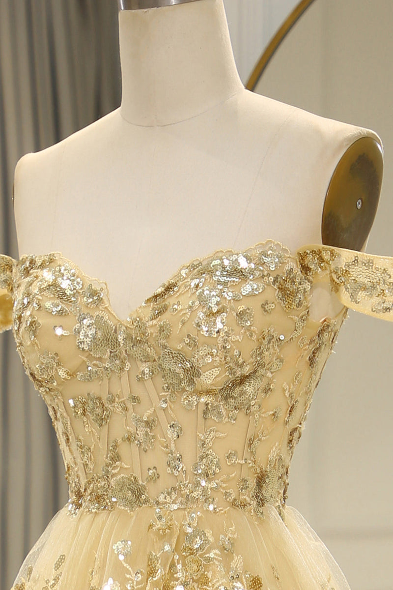 Load image into Gallery viewer, Glitter Golden Tiered A-Line Long Prom Dress with Lace