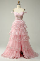 Load image into Gallery viewer, Blue Corset Tiered Lace Prom Dress with Slit