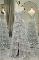Load image into Gallery viewer, Sparkly Silver A-Line Long Corset Tiered Prom Dress With Lace