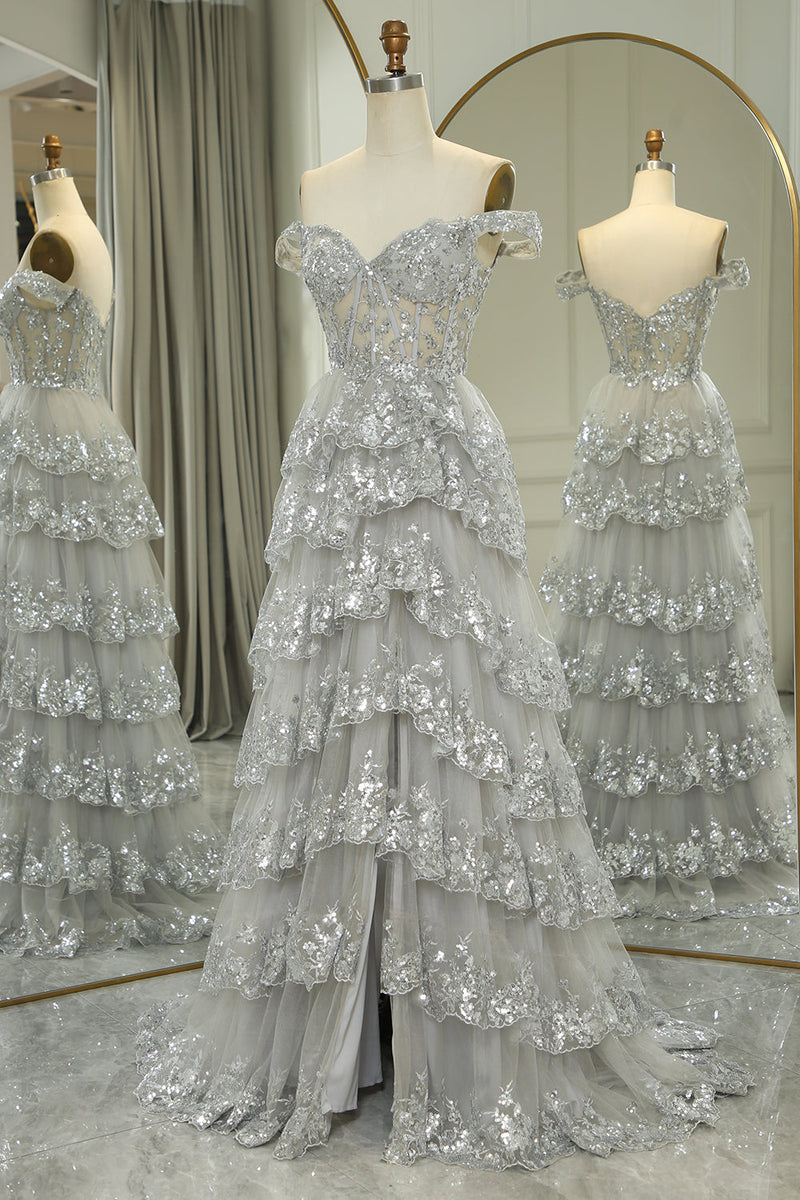 Queendancer Women Sparkly Silver Long Prom Dress With Lace A-Line