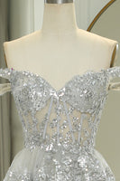 Load image into Gallery viewer, Sparkly Silver A-Line Long Corset Tiered Prom Dress With Lace