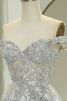 Load image into Gallery viewer, Sparkly Silver A-Line Long Corset Tiered Prom Dress With Lace