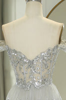 Load image into Gallery viewer, Sparkly Silver A-Line Long Corset Tiered Prom Dress With Lace
