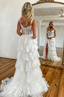 Load image into Gallery viewer, Blue Corset Tiered Lace Prom Dress with Slit