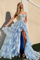 Load image into Gallery viewer, Blue Corset Tiered Lace Prom Dress with Slit