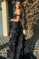 Load image into Gallery viewer, Blue Corset Tiered Lace Prom Dress with Slit