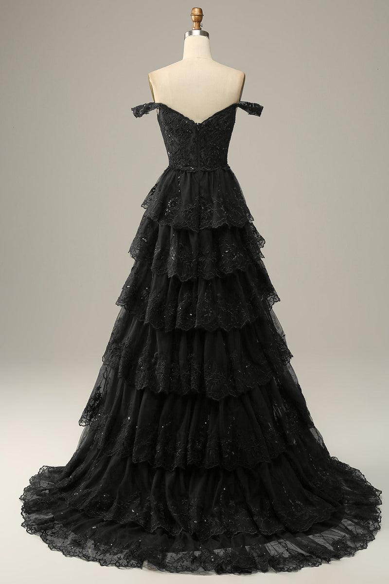 Elegant Black Off Shoulder A-Line Long Party Dress with Slit, DP2712