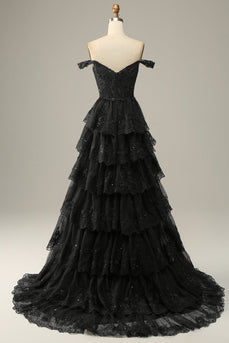 A-Line Off the Shoulder Black Long Prom Dress with Appliques