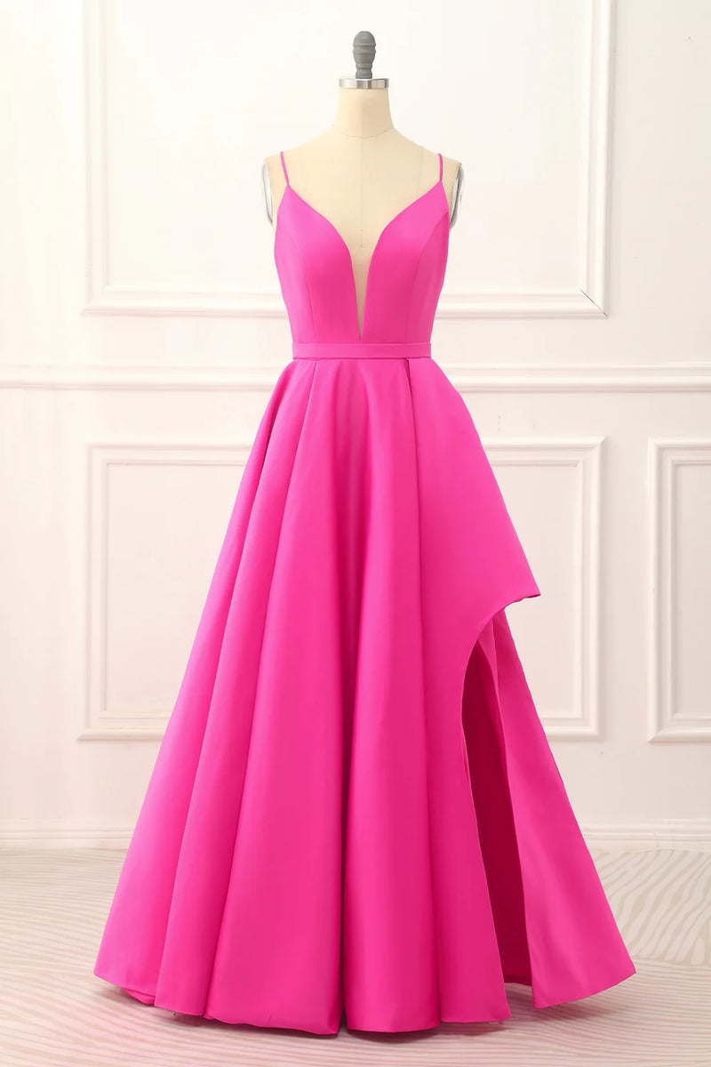 Load image into Gallery viewer, Fuchsia Spaghetti Straps Lace-Up Long Prom Dress