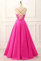 Load image into Gallery viewer, Fuchsia Spaghetti Straps Lace-Up Long Prom Dress