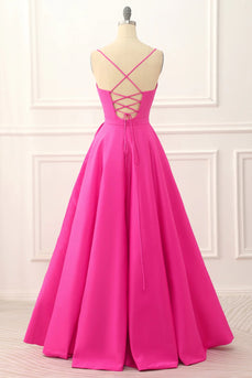 Fuchsia Spaghetti Straps Lace-Up Long Prom Dress