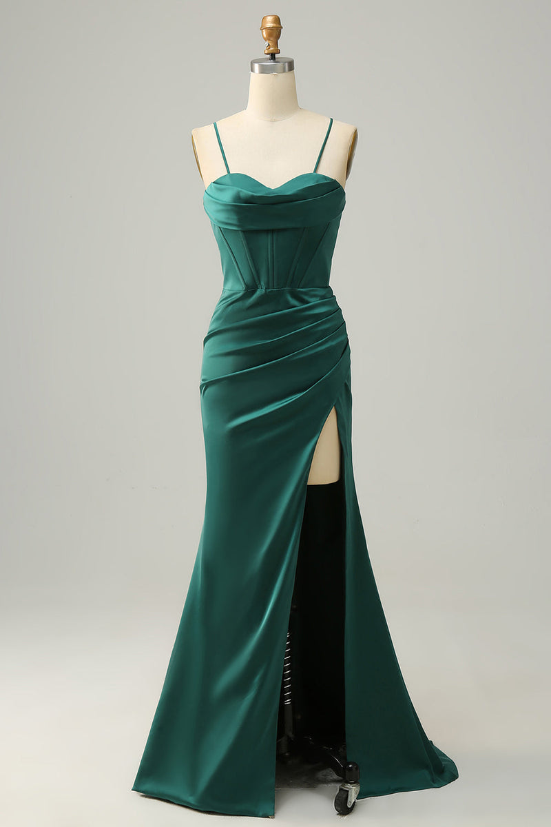 Queendancer Women Satin Dark Green Corset Prom Dress with Slit Spaghetti Straps Lace-Up Back Formal Dress queendanceruk Queendancer Women Satin Dark Green Corset Prom Dress with Slit Spaghetti Straps Lace-Up Back Formal Dress queendanceruk