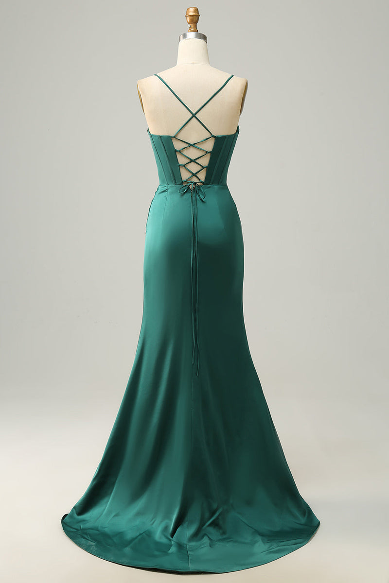 Load image into Gallery viewer, Spaghetti Straps Dark Green Satin Corset Prom Dress