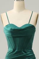 Load image into Gallery viewer, Spaghetti Straps Dark Green Satin Corset Prom Dress