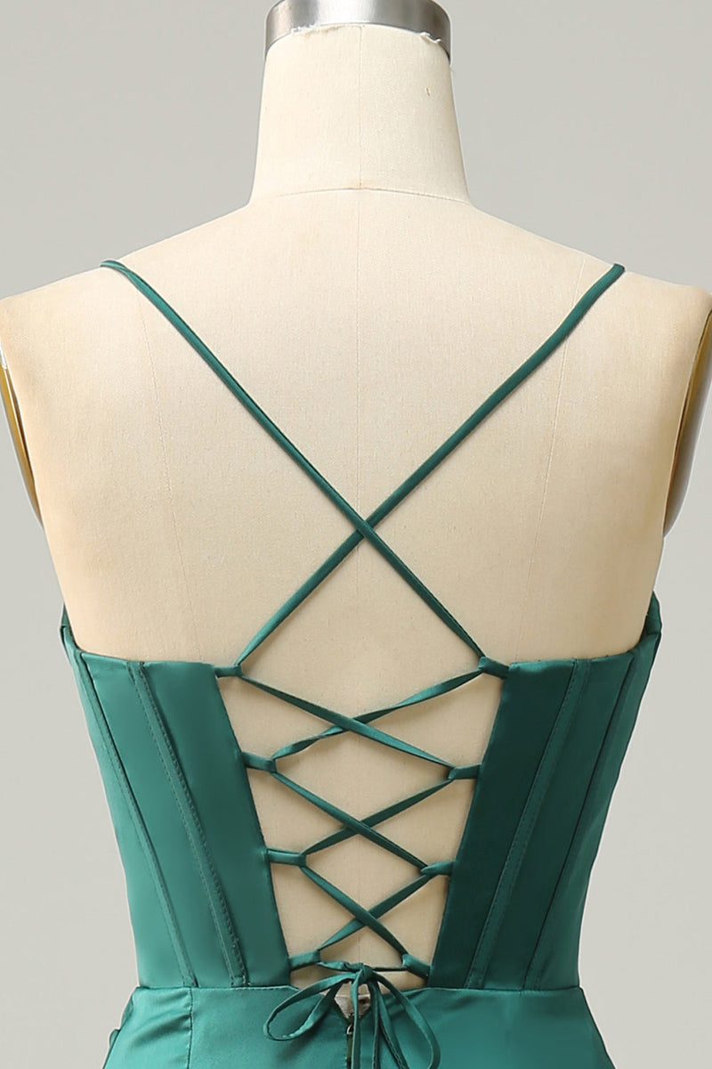 Load image into Gallery viewer, Spaghetti Straps Dark Green Satin Corset Prom Dress