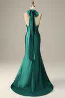 Load image into Gallery viewer, Dark Green Halter Lace-Up Mermaid Prom Dress with Slit