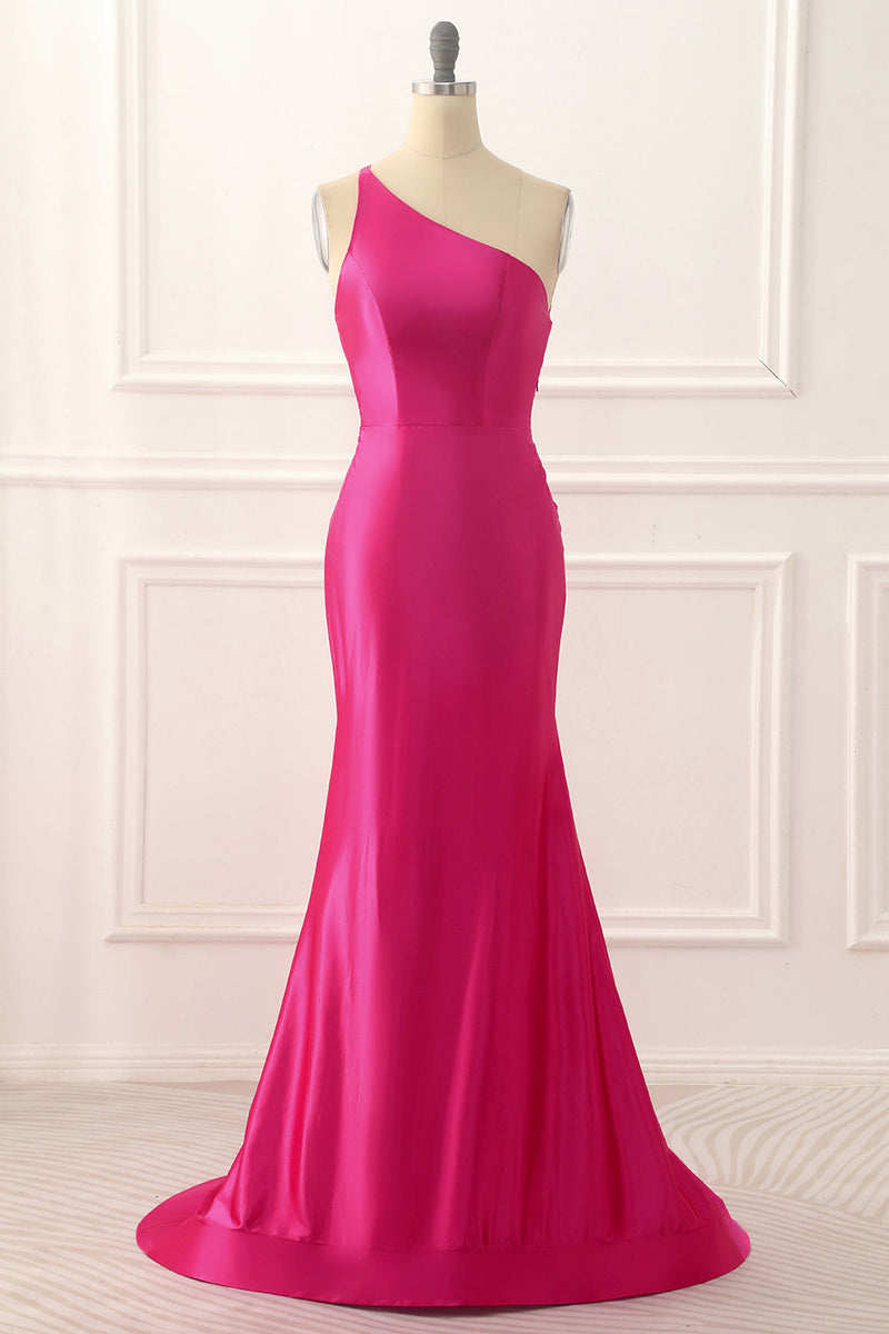Load image into Gallery viewer, One Shoulder Hot Pink Satin Backless Long Prom Dress