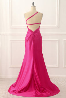One Shoulder Hot Pink Satin Backless Long Prom Dress
