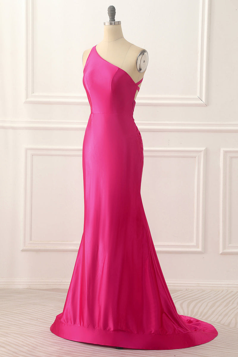 Load image into Gallery viewer, One Shoulder Hot Pink Satin Backless Long Prom Dress