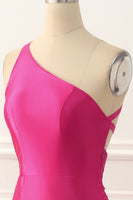 Load image into Gallery viewer, One Shoulder Hot Pink Satin Backless Long Prom Dress