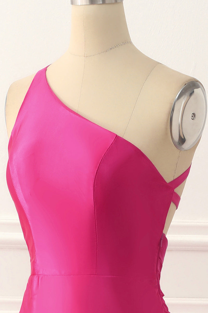 Load image into Gallery viewer, One Shoulder Hot Pink Satin Backless Long Prom Dress