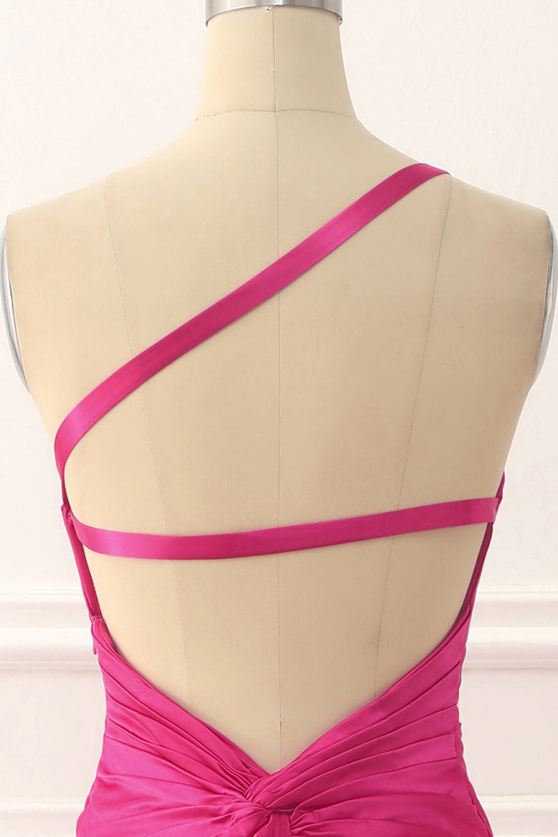 Load image into Gallery viewer, One Shoulder Hot Pink Satin Backless Long Prom Dress