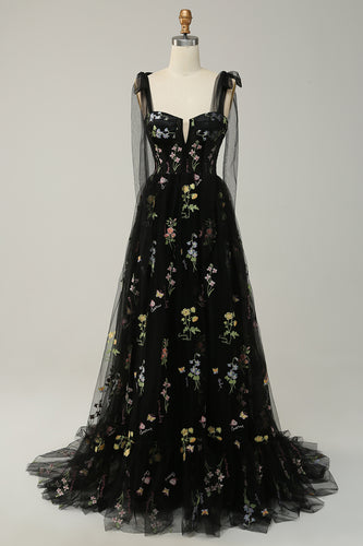 A-Line Spaghetti Straps Black Long Prom Dress with Embroidery
