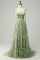 Load image into Gallery viewer, A-Line Spaghetti Straps Grey Blue Long Prom Dress with Embroidery