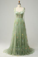 Load image into Gallery viewer, A-Line Spaghetti Straps Green Long Prom Dress with Embroidery